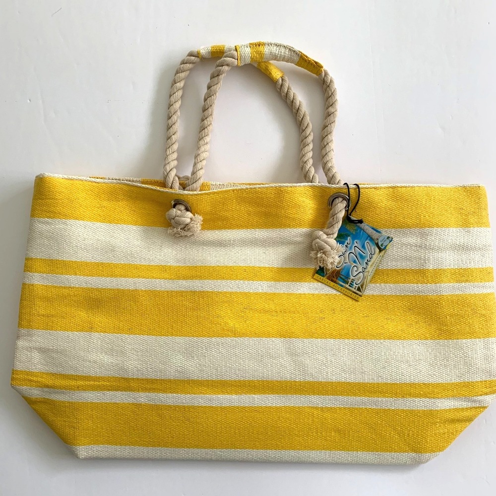 NWT Sun n Sand Yellow Natural Cabana Stripe Classic Beach Tote Bag Rope Handles